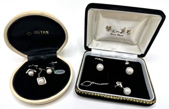 2 New In Box Pearl Cufflink & Tie Pin Sets Marked Silver By Isetan & Sato Pearl, Japan