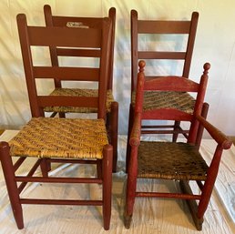 Four Country Chairs In Red Paint