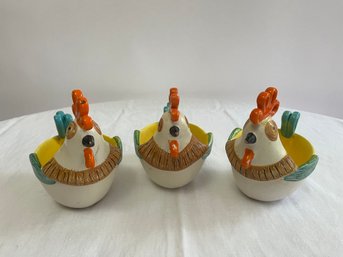 3 Whimsical Chicken Shaped Ceramic Bowls