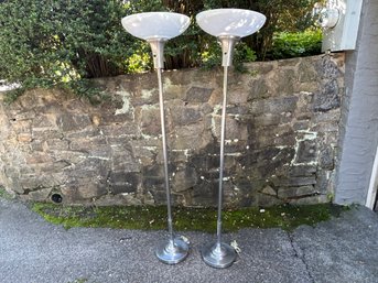 Pair Of Aluminum 1940s Torchiere Floor Lamps With Glass Shades