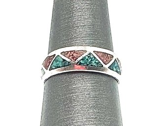 Sterling Silver Turquoise And Coral Inlay Mosaic Ring, Size 7