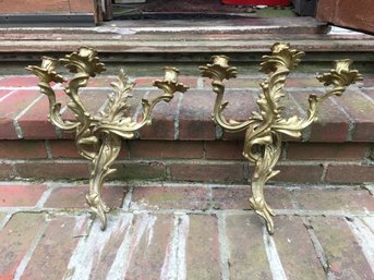 Fabulous Pair Of Large Solid Cast Bronze French Rococo Style Wall Sconces - High Quality - Very Nice Pair !