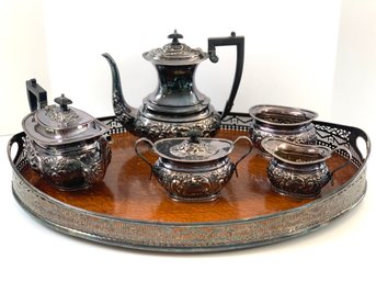Large Wood Serving Tray & Sheridan Silver Plate Tea Set
