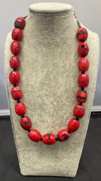 Red Coral Barrel Bead Necklace