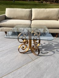 A Scrolled Gold Metal Base Glass Top Square Coffeee Table