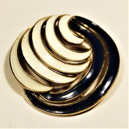 Signed Trifari Gold Tone Navy Blue And White Enamel Circular Brooch