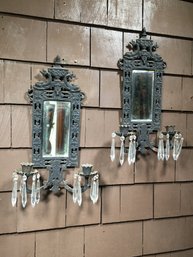 Incredible Pair Of Iron & Crystal Wall Sconces - Fine Details - Urn And Fish Tops - Original Beveled Mirrors