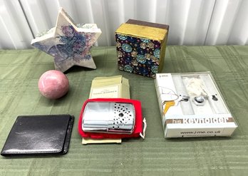 Lot Of Mostly Utilitarian Items, Including Bosca Leather Wallet, Hand Warmer, Key Holder, And More