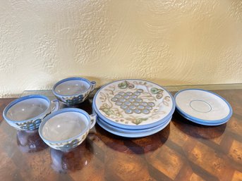 Three Louisville Stoneware Grape Motif Plates With Blue Trim And More, 8 Pcs.