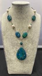 Blue/green Stone Necklace With Natural Freshwater Pearls And 925 Clasp