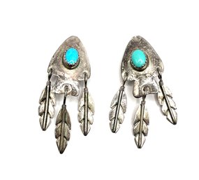 Vintage Native American Sterling Silver Turquoise Color Feather Dangle Clip On Earrings