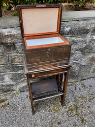 Rare Petite Antique Humidor Or Bar With Swivel Out Marble Look Ashtray, Magazine Stand