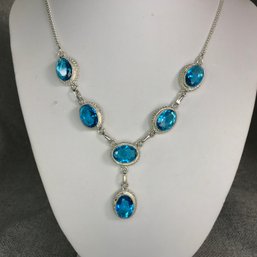 Lovely 925 / Sterling Silver Toggle Necklace With Drop Pendant Aquamarine - Very Pretty Piece - Brand New