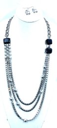 Industrial Silvertone & Jet Triple Strand Necklace & Earring Set