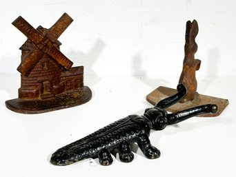 Cast Iron Antiques - A Centipede Bootscrape, Windmill And Bunny Doorstops