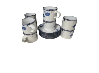 Set Of Dansk Tivoli Blue & White Ceramic Cups And Saucers