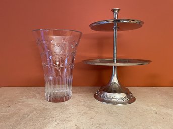 Waterford Crystal Garland Vase Paired With 2-Tiered Silver Serving Cake/Dessert Stand By Waterford