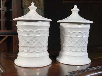 Wonderful Pair Of White Porcelain JULISKA Lidded Urns - Jardins Villandry Canisters - Very Pretty Pair !