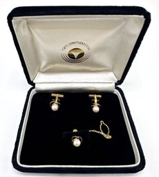 New In Box 18K Gold Cufflinks & Tie Pin Set From Tokyu Department Store, Japan