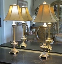 Pair Of Urn Based Candlestick Style Lamps W/cloth Shades