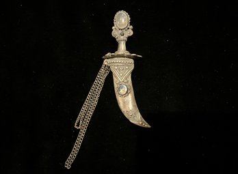 Vintage Repousse Sterling Brooch Dagger With Sheath And Possible Moonstone