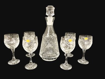 Lovely Vintage Crystal Decanter & Six Wine Glasses Made In Poland