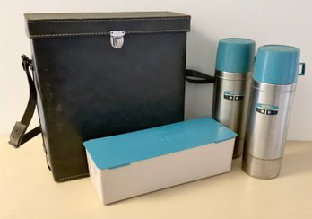 2 Vintage Thermos With Storage Bag And Plastic Box (T)