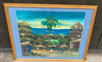 VTG Haitian Caribbean Heritage Ethnic Folk Art Tropical Painting Signed JN JN ?