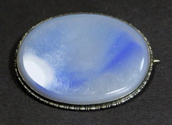 Sterling Silver Antique Oval Brooch W Blue Semiprecious Stone