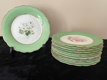 Set Of English Green Ground Porcelain Dessert Plates Decorated With Flowers