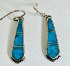 HIGH END SIGNED RICK TOLINO NAVAJO STERLING SILVER TURQUOISE INLAY DANGLE EARRINGS