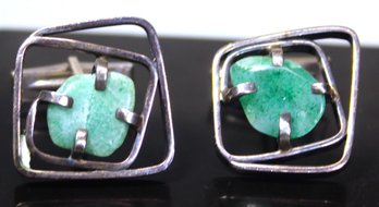 Pair Hand Crafted Sterling Silver & Emerald Cufflinks (one Stone Cracked)