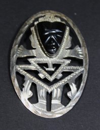 Vintage Mexican Sterling Silver Figural Brooch Carved Black Onyx Mask