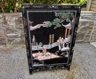 Mid Century Black Lacquer Chinese Chinoiserie Bar Cabinet With Brass Accents 26'L X 13.5'D X 40'H