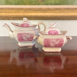 A Rare Antique Pink Lusterware Teapot And Sugar Bowl