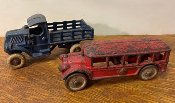 Two Vintage Cast Iron Toys - Bus And Truck