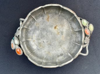 Chinese Pewter Dish With Jade Embellishments