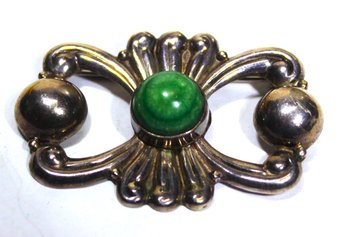 Antique Mexican Sterling Silver Brooch W Malachite Stone