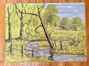 Oil On Artist Board, Weeping Willow Trees, Signed Lena Ghee