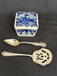 Two Sterling Silver Spoons And A Delft Lidded Box - Total Weight 64g