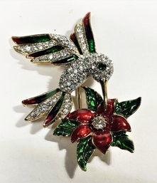 Gold Tone Rhinestone Hummingbird Brooch With Flower