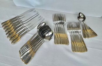Set Of 8 YAMAZAKI Japan Set Of 8 'HILARY' Glossy Stainless W/Gold Accent 1988 (read Description)
