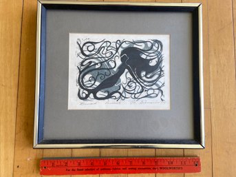 'Mermaid' Linecut Signed Brancaccio '74 And Numbered 1/9 Print 13x12 Matted Framed Glass