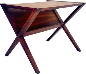 A Mid Century Walnut X-Frame End Or Side Table With Magazine Holder By The Founders Furniture Co.