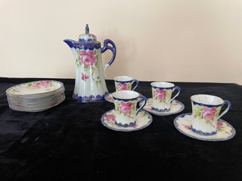 Fine China Coffee/Tea Set In Cobalt Blue And Roses Japan