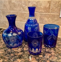 Set Of 4 Cobalt Blue Bedside Carafe And Tumbler