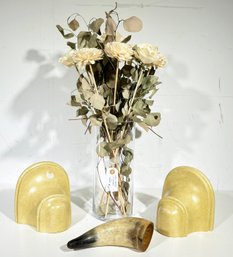 A Decorative Assortment - Shofar, Wall Shelves, And A Dried Floral Arrangement