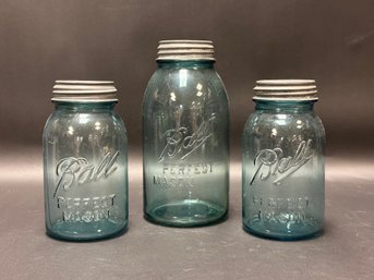 Three Antique Ball Perfect Mason Jars With Zinc Lids
