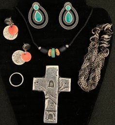 Vintage Jewelry Lot 11 - Cross Pendant - Chunky Chain Bracelet - Silver Tone Earrings - Ring  - Beaded Chocker
