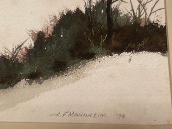 Original Watercolor Painting Signed A.F. Mannheim 74 Winter Scene 20x16 Matted Framed